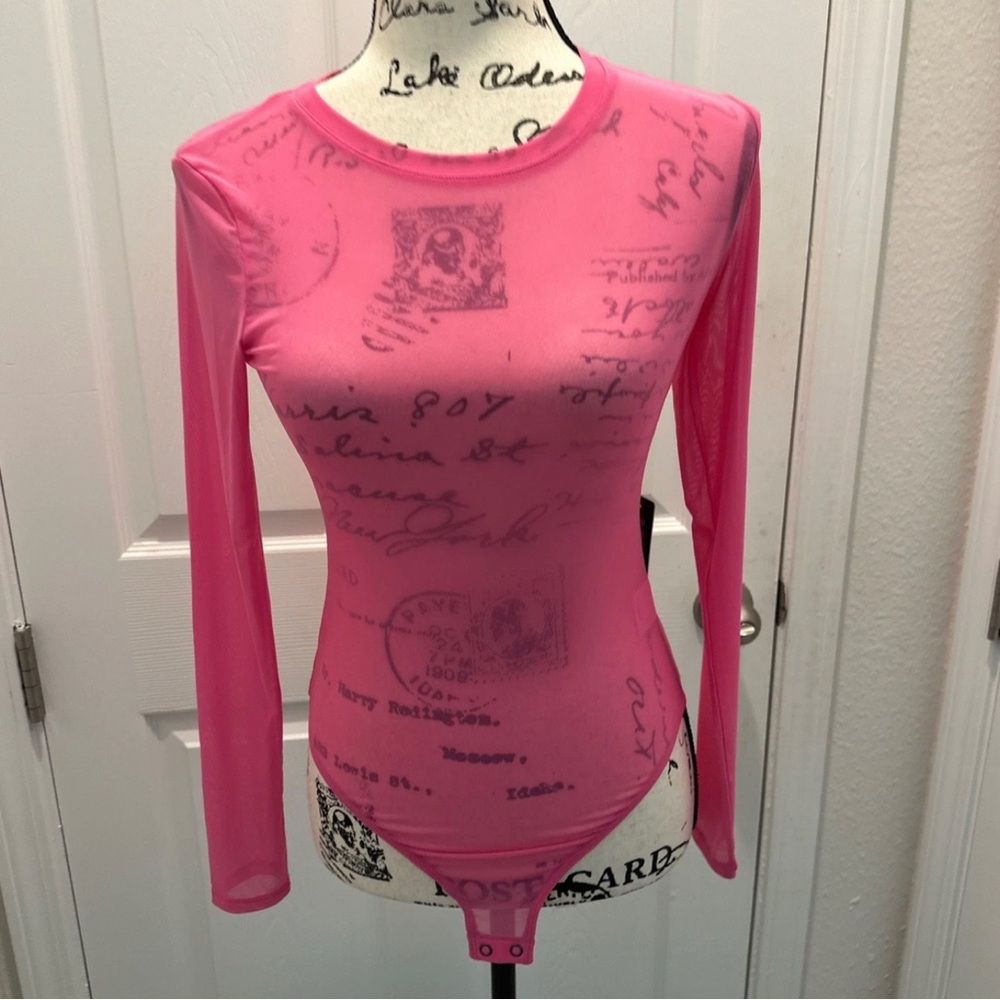 Express Pink Long-Sleeve Sheer Bodysuit Top